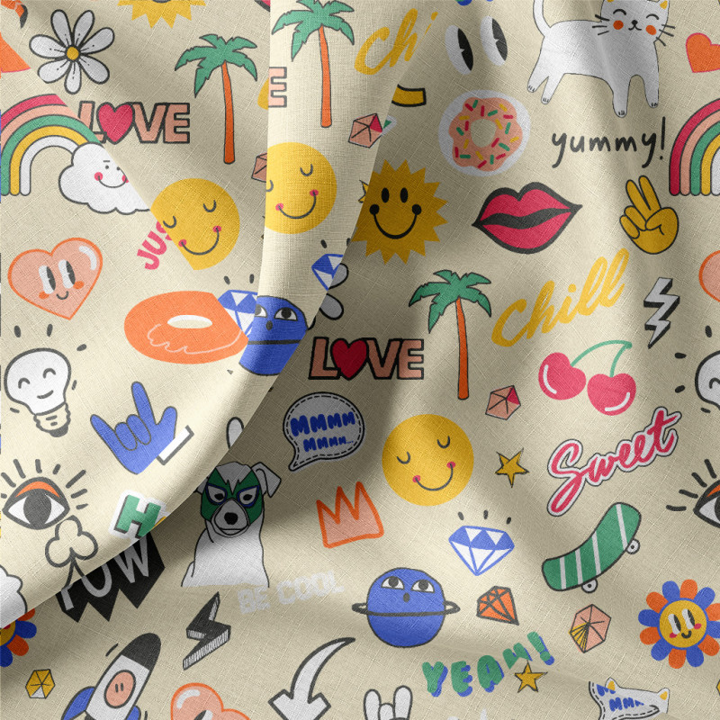 Printed Cotton HAPPY Beige / Blue